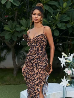 Dresses*Mew Mews Fashion Leylani Flower Ruffle Leopard Printed Midi Dress