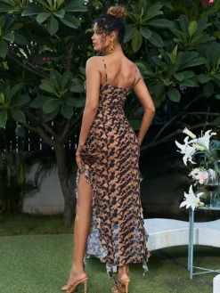 Dresses*Mew Mews Fashion Leylani Flower Ruffle Leopard Printed Midi Dress