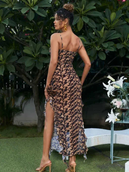 Dresses*Mew Mews Fashion Leylani Flower Ruffle Leopard Printed Midi Dress