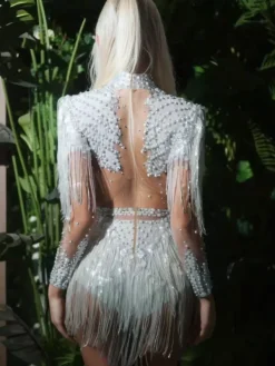 Bodysuits | Tops*Jiu Bajia O/S Lorvain Rhinestone Fringe Bodysuit In White