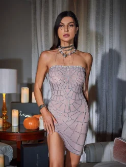 Embellishment | Dresses*Embellishment Malala Strapless Cobweb Rhinestone Mini Dress In Nude