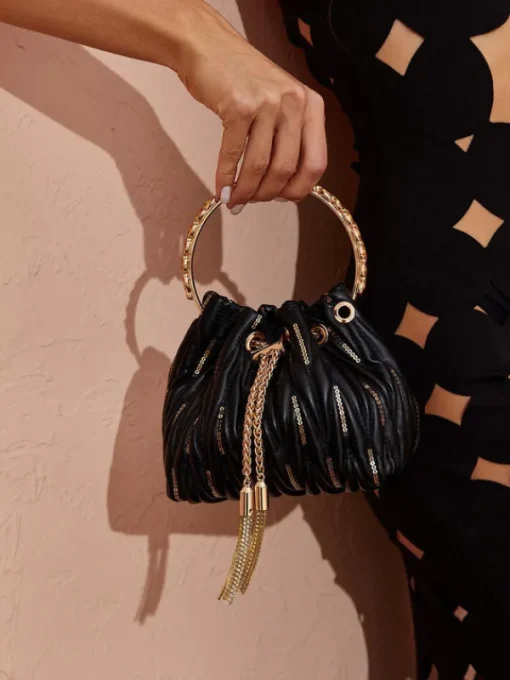 Bags*Mew Mews Fashion Mattea Leather Sequin Bucket Bag In Black