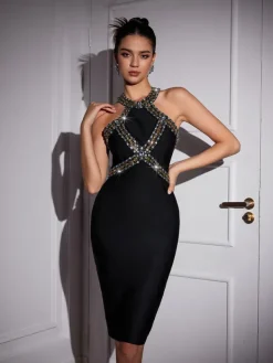 Dresses | Midi Dresses*Bandage Ochre Halterneck Rhinestone Midi Dress