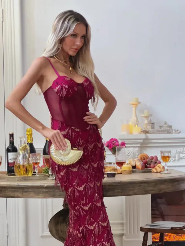 Dresses | Maxi Dresses*Mew Mews Fashion Ottis Sequin Fringe Maxi Dress In Red