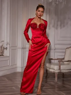 Dresses | Maxi Dresses*Mew Mews Fashion Ozuru Long Sleeve Flower Satin Dress