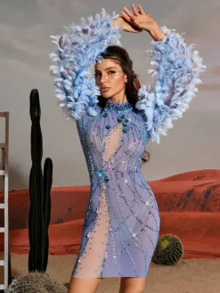 Embellishment | Dresses*Embellishment Platon Long Sleeve Feather Embellished Mini Dress