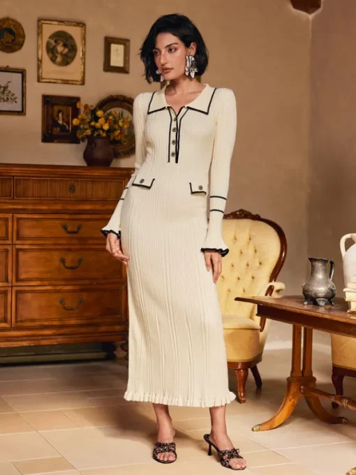 Dresses | Midi Dresses*Mew Mews Fashion Shalita Long Sleeve Ruffle Button Knitted Midi Dress In Apricot