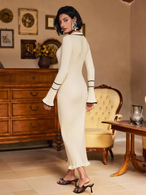 Dresses | Midi Dresses*Mew Mews Fashion Shalita Long Sleeve Ruffle Button Knitted Midi Dress In Apricot