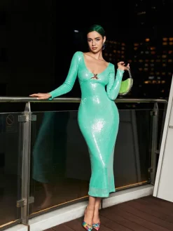 Dresses*Mew Mews Fashion Sian Long Sleeve Sequin Cutout Midi Dress In Teal