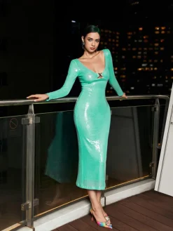 Dresses*Mew Mews Fashion Sian Long Sleeve Sequin Cutout Midi Dress In Teal