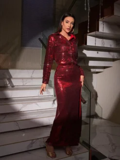 Sets & Co-ords*Mew Mews Fashion Solstice Sequin Button Shirt Split Skirt Set In Red