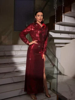 Sets & Co-ords*Mew Mews Fashion Solstice Sequin Button Shirt Split Skirt Set In Red