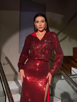 Sets & Co-ords*Mew Mews Fashion Solstice Sequin Button Shirt Split Skirt Set In Red
