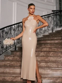 Dresses | Maxi Dresses*Mew Mews Fashion Tasso Halterneck Flower Sequin Maxi Dress In Beige