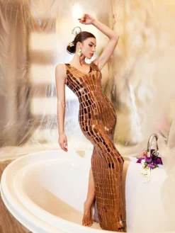 Embellishment | Dresses*Embellishment Thiago V Neck Acrylic Mesh Maxi Dress
