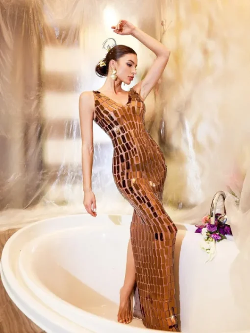 Embellishment | Dresses*Embellishment Thiago V Neck Acrylic Mesh Maxi Dress
