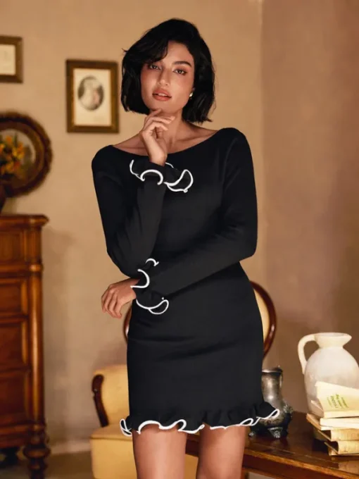 Dresses | Mini Dresses*Mew Mews Fashion Tionne Long Sleeve Ruffle Knitted Mini Dress In Black