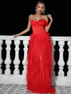 Dresses | Maxi Dresses*Mew Mews Fashion Titania One Shoulder Tulle Maxi Dress In Red