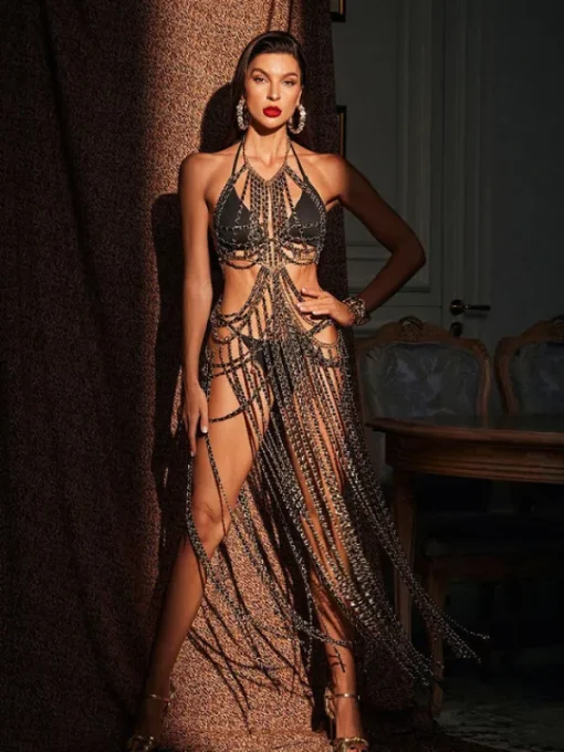 Dresses | Maxi Dresses*Mew Mews Fashion O/S Virgil Halterneck Fringe Body Chain Dress