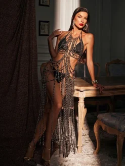 Dresses | Maxi Dresses*Mew Mews Fashion O/S Virgil Halterneck Fringe Body Chain Dress