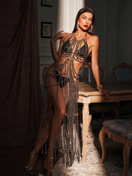 Dresses | Maxi Dresses*Mew Mews Fashion O/S Virgil Halterneck Fringe Body Chain Dress